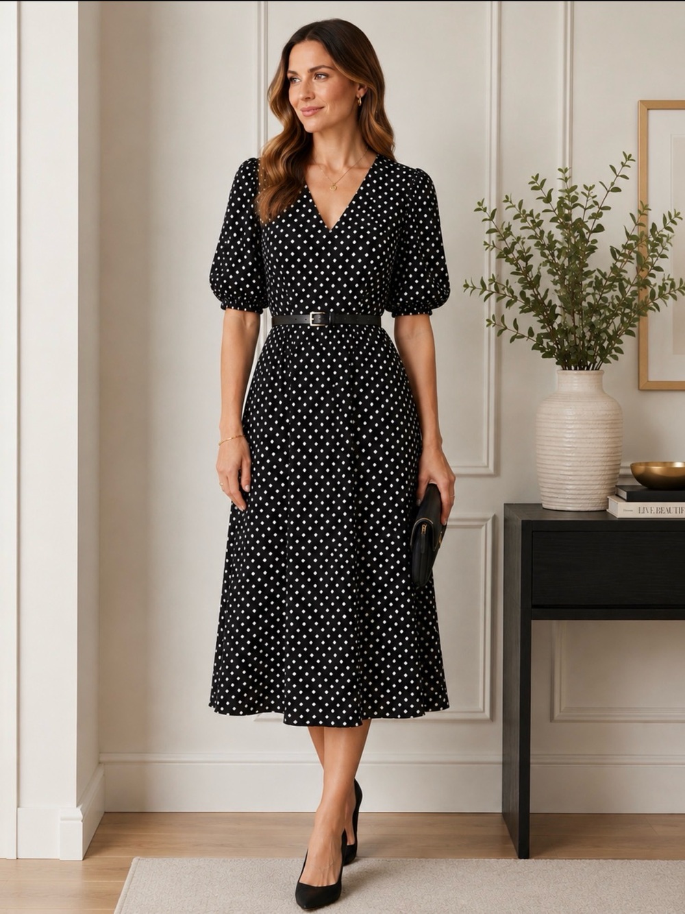 Chic Black Polka Dot Long Sleeve Dress EUC
